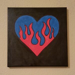 Neon Hot Pink Heart Flames Acrylic Painting Stretched Canvas Wall Decor 10x10"